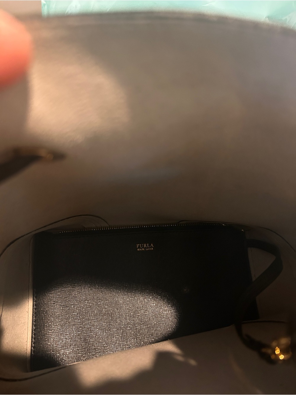 Furla Black Leather Drawstring Bucket Bag with Black & White Scarf - Picture 5 of 6